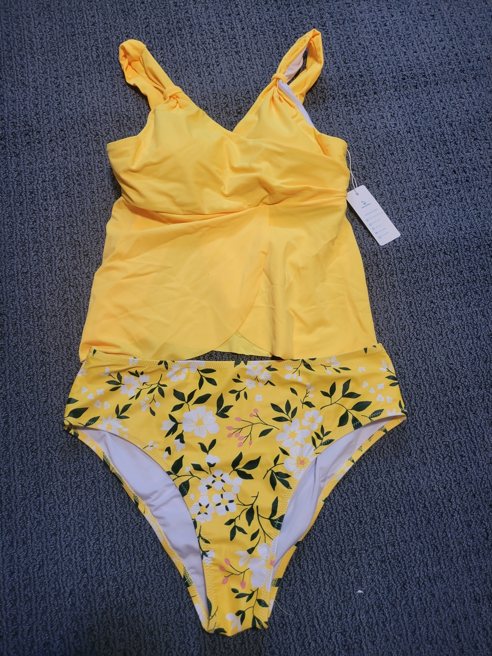 Women's Yellow Floral Tankini Set - V-Neck Wrap Top & High-Waist Bottoms